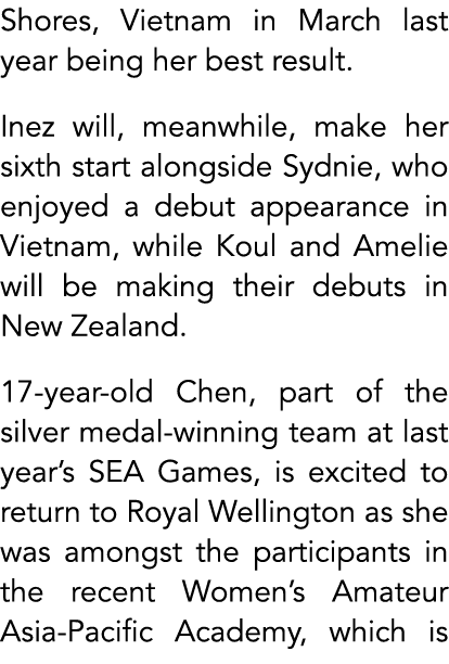 Shores, Vietnam in March last year being her best result. Inez will, meanwhile, make her sixth start alongside Sydnie...