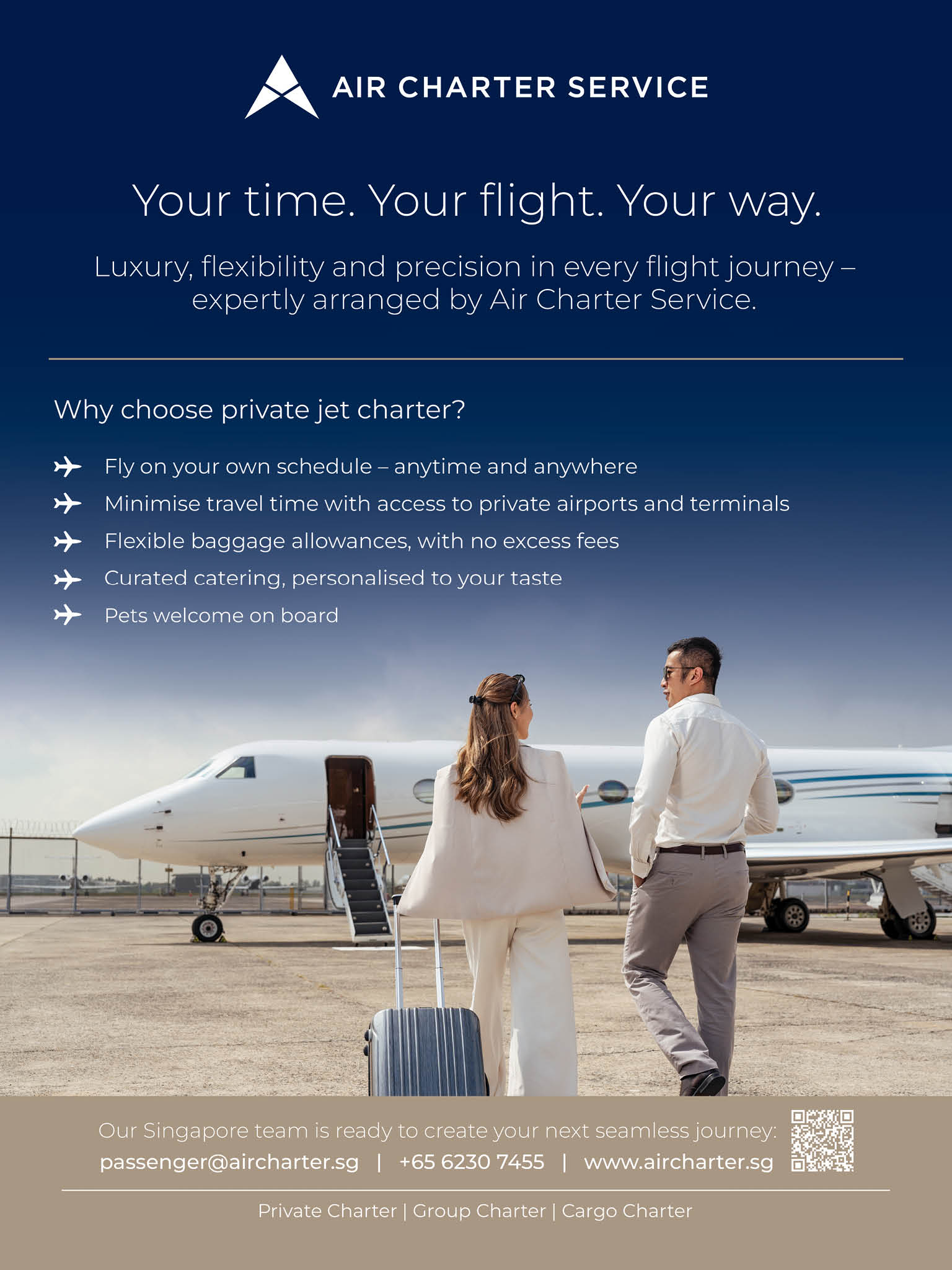 A man and woman are standing next to a white airplane. They are both wearing white clothing. The man is wearing a tie. The woman is holding a suitcase. AI generated content