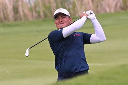 A man in a blue shirt and white cap is swinging a golf club on a green course. AI generated content