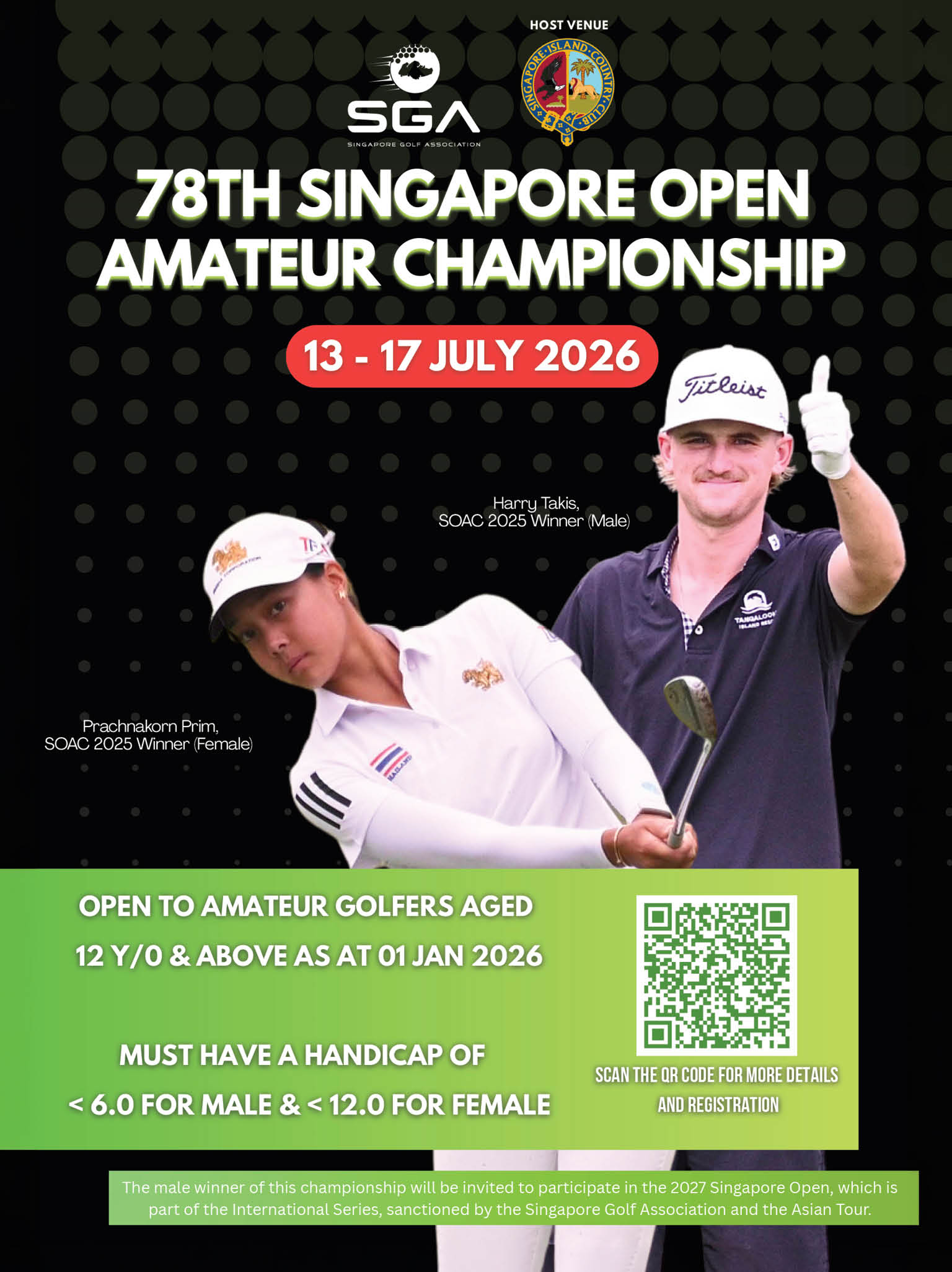 A man and woman are on a poster advertising the 78th Singapore Open Amateur Championship. Description generated by AI