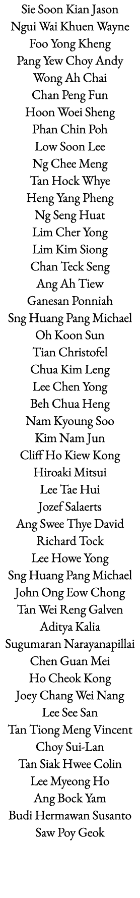 Sie Soon Kian Jason Ngui Wai Khuen Wayne Foo Yong Kheng Pang Yew Choy Andy Wong Ah Chai Chan Peng Fun Hoon Woei Sheng   
