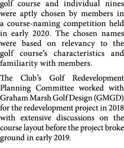 golf course and individual nines were aptly chosen by members in a course-naming competition held in early 2020  The    